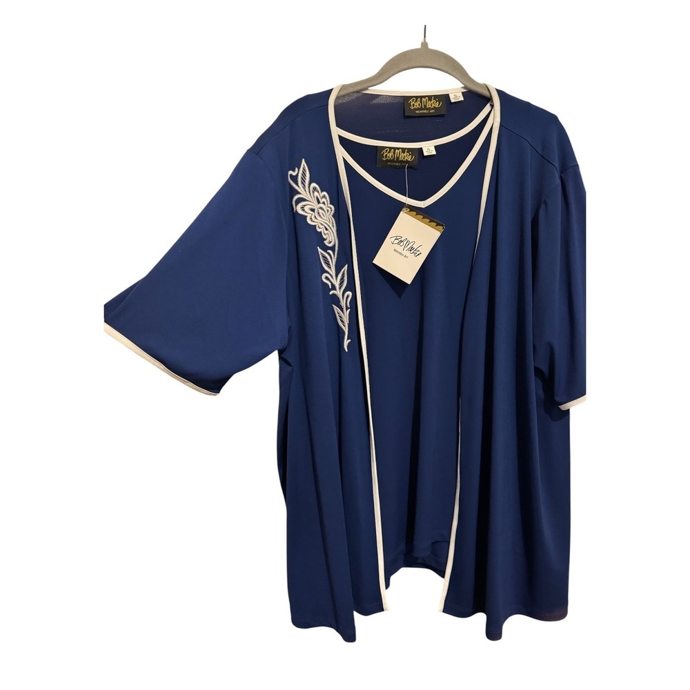 Bob Mackie Two Piece Set Women XL Blue Floral Embroidery Cardigan Tank Top Artsy